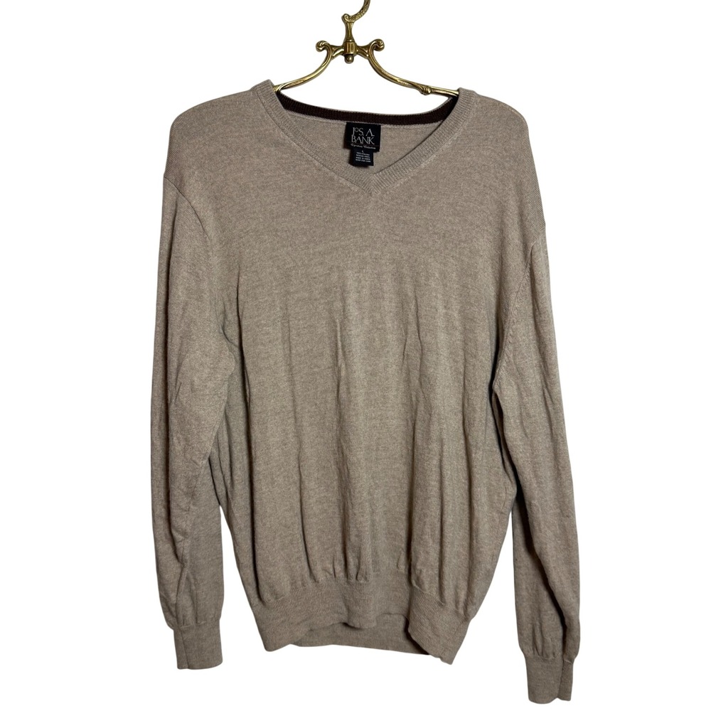 Jos A Bank Signature Coll Mens L V Neck Sweater 100% Italian Merino Wool Beige